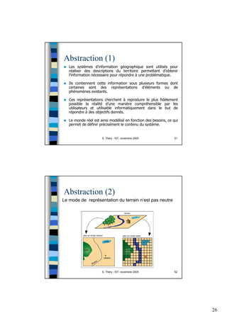 26
S. Théry - IST, novembre 2005 51
Abstraction (1)
Les systèmes d’information géographique sont utilisés pour
réaliser des descriptions du territoire permettant d’obtenir
l’information nécessaire pour répondre à une problématique.
Ils contiennent cette information sous plusieurs formes dont
certaines sont des représentations d’éléments ou de
phénomènes existants.
Ces représentations cherchent à reproduire le plus fidèlement
possible la réalité d’une manière compréhensible par les
utilisateurs et utilisable informatiquement dans le but de
répondre à des objectifs donnés.
Le monde réel est ainsi modélisé en fonction des besoins, ce qui
permet de définir précisément le contenu du système.
S. Théry - IST, novembre 2005 52
Abstraction (2)
Le mode de représentation du terrain n’est pas neutre
 