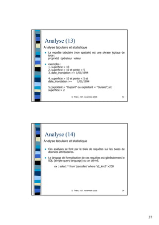 37
S. Théry - IST, novembre 2005 73
Analyse (13)
Analyse tabulaire et statistique
La requête tabulaire (non spatiale) est une phrase logique de
type :
propriété opérateur valeur
exemples :
1. superficie > 10
2. superficie > 10 et pente < 5
3. date_inondation >= 1/01/1994
4. superficie > 10 et pente < 5 et
date_inondation >= 1/01/1994
5.(expoitant = "Dupont" ou exploitant = "Durand") et
superficie > 2
S. Théry - IST, novembre 2005 74
Analyse (14)
Analyse tabulaire et statistique
Ces analyses se font par le biais de requêtes sur les bases de
données attributaires.
Le langage de formalisation de ces requêtes est généralement le
SQL (simple query language) ou un dérivé.
ex : select * from ‘parcelles’ where ‘s2_km2’ >200
 