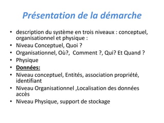 Présentation de la démarche
• description du système en trois niveaux : conceptuel,
organisationnel et physique :
• Niveau Conceptuel, Quoi ?
• Organisationnel, Où?, Comment ?, Qui? Et Quand ?
• Physique
• Données:
• Niveau conceptuel, Entités, association propriété,
identifiant
• Niveau Organisationnel ,Localisation des données
accès
• Niveau Physique, support de stockage
 
