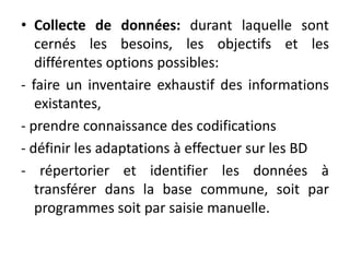 • Collecte de données: durant laquelle sont
cernés les besoins, les objectifs et les
différentes options possibles:
- faire un inventaire exhaustif des informations
existantes,
- prendre connaissance des codifications
- définir les adaptations à effectuer sur les BD
- répertorier et identifier les données à
transférer dans la base commune, soit par
programmes soit par saisie manuelle.
 
