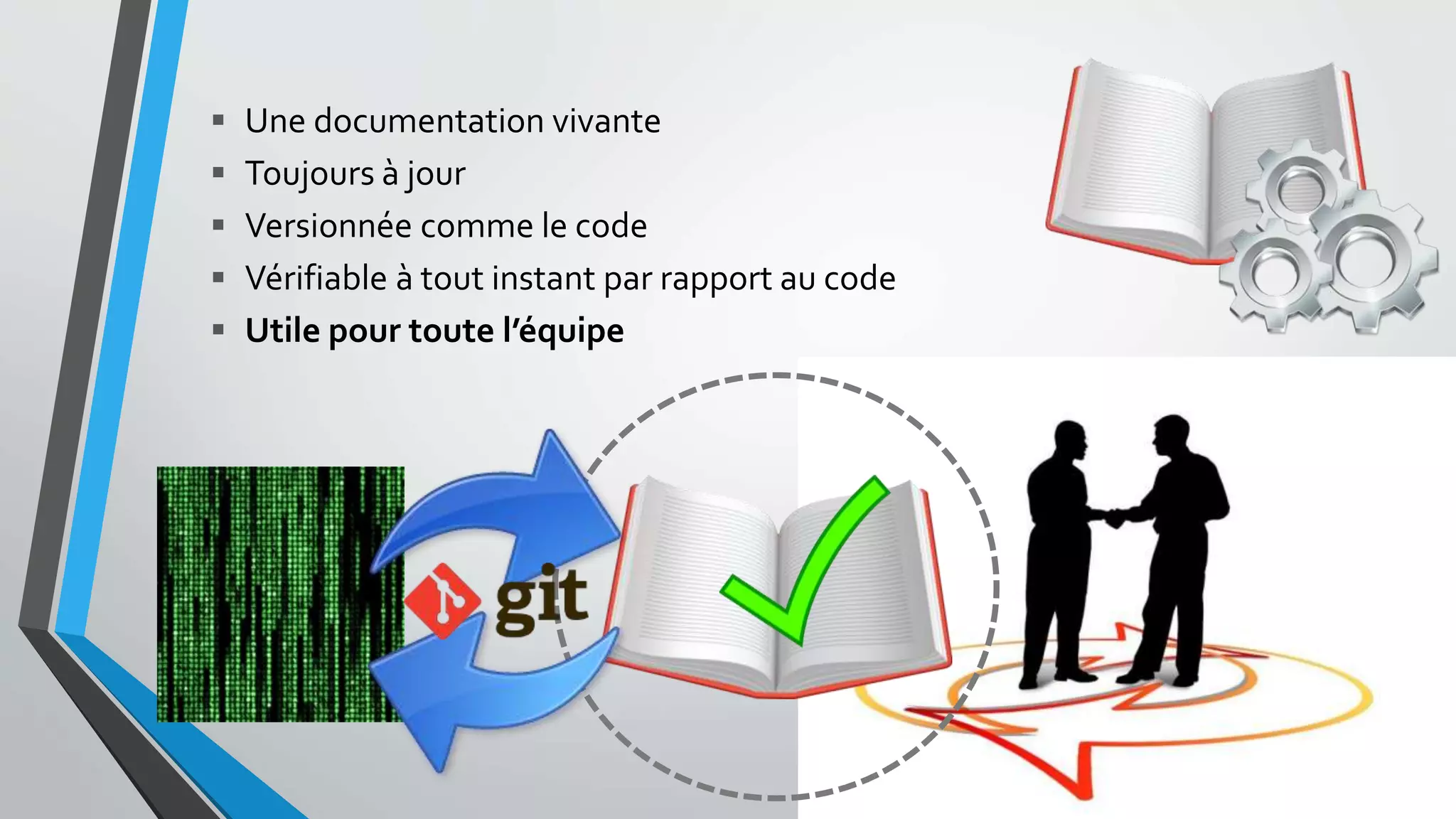  Une documentation vivante
 Toujours à jour
 Versionnée comme le code
 Vérifiable à tout instant par rapport au code
 Utile pour toute l’équipe
 