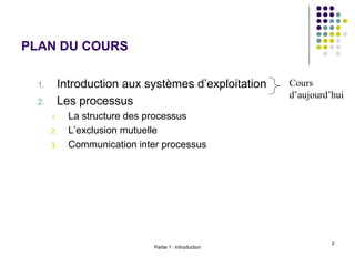 Partie 1 : Introduction
2
PLAN DU COURS
1. Introduction aux systèmes d’exploitation
2. Les processus
1. La structure des processus
2. L’exclusion mutuelle
3. Communication inter processus
Cours
d’aujourd’hui
 