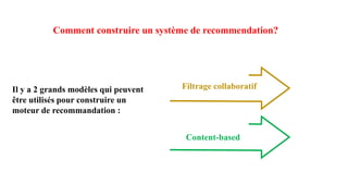 Comment construire un système de recommendation?
Il y a 2 grands modèles qui peuvent
être utilisés pour construire un
moteur de recommandation :
Filtrage collaboratif
Content-based
 