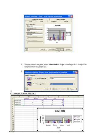 10
5. Cliquez sur suivant pour passer à la dernière étape, dans laquelle il faut préciser
l’emplacement du graphique.
6. Cliquez sur Terminer pour visualiser le graphique obtenu.
X.
Filtrage d’une liste :
Professeur : SOULMANI Nabil
 
