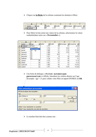 12
 Cliquez sur la flèche de la colonne contenant les données à filtrer.
 Pour filtrer la liste selon une valeur de la colonne, sélectionnez la valeur
souhaitée(dans notre cas « Personnalisé »).
 Une boite de dialogue « Filtre automatique
personnalisé »s’affiche. Introduire les critères désirés sur l’age
(Exemple : age < 21.puis validez votre filtre en tapant ENTREE ou OK
 Le résultat final doit être comme suit :
Professeur : SOULMANI Nabil
 