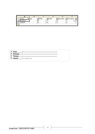 13
Professeur : SOULMANI Nabil
 Nom :……………………………………………….
 Prénom :……………………………………………….
 Niveau :………………………………………………
 Année :……../…….
 