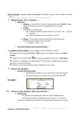 2
Barre de formules : Indique le nom et le contenu de la cellule courante « texte, formule ou nombre
… etc. »
V. Manipulation d’un classeur :
1. Définition :
 Classeur : c’est un fichier de travail composé de plusieurs feuilles, chaque
feuille est désignée par son nom qui apparaît dans son onglet.
 Feuille :
Une feuille est constituée de :
 Colonnes identifiées par des lettres(A..Z.AA.AB…BA…..IV).256
colonnes
 Lignes identifiées par des nombres(1…65536).
 Cellule :c’est une petite entité d’une feuille de calcul définie par
l’intersection d’une ligne et d’une colonne.
 Exemple : A3,B5….etc.
2. Comment naviguer dans une feuille EXCEL ?
Pour déplacer entre les cellules, on peut utiliser l’une des méthodes suivantes :
Appuyer sur la touche E N T R E E  pour passer à la cellule suivante sur la même
colonne.
Appuyer sur la touche T A B  pour passer à la cellule suivante sur la même ligne.
Utiliser l e s t o u c h e s d e d i r e c t i o n ↑ ↓ pour se déplacer dans toutes les
directions en suivant les flèches.
Utiliser la souris pour p o i n t e r dans la cellule que vous voulez.
VI. Saisie de données :
1. La saisie dans une cellule :
o Sélectionnez la cellule où vous voulez faire la saisie des données.
o Saisissez les données et valider avec la touche ENTREE .
Exemple :
VII. Saisie d’une formule dans une cellule :
1. Introduction :
Les formules sont utilisées pour faire des calculs mathématiques.
Les formules en EXCEL commencent avec le signe « = » suivie de
l’expression mathématique utilisant l’un des opérateurs arithmétiques suivants :
Professeur : SOULMANI Nabil
 