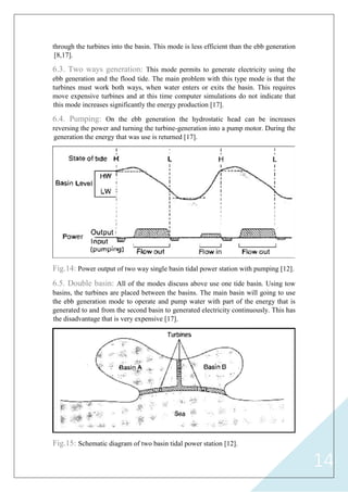 14
through the turbines into the basin. This mode is less efficient than the ebb generation
[8,17].
6.3. Two ways generation: This mode permits to generate electricity using the
ebb generation and the flood tide. The main problem with this type mode is that the
turbines must work both ways, when water enters or exits the basin. This requires
move expensive turbines and at this time computer simulations do not indicate that
this mode increases significantly the energy production [17].
6.4. Pumping: On the ebb generation the hydrostatic head can be increases
reversing the power and turning the turbine-generation into a pump motor. During the
generation the energy that was use is returned [17].
Fig.14: Power output of two way single basin tidal power station with pumping [12].
6.5. Double basin: All of the modes discuss above use one tide basin. Using tow
basins, the turbines are placed between the basins. The main basin will going to use
the ebb generation mode to operate and pump water with part of the energy that is
generated to and from the second basin to generated electricity continuously. This has
the disadvantage that is very expensive [17].
Fig.15: Schematic diagram of two basin tidal power station [12].
 