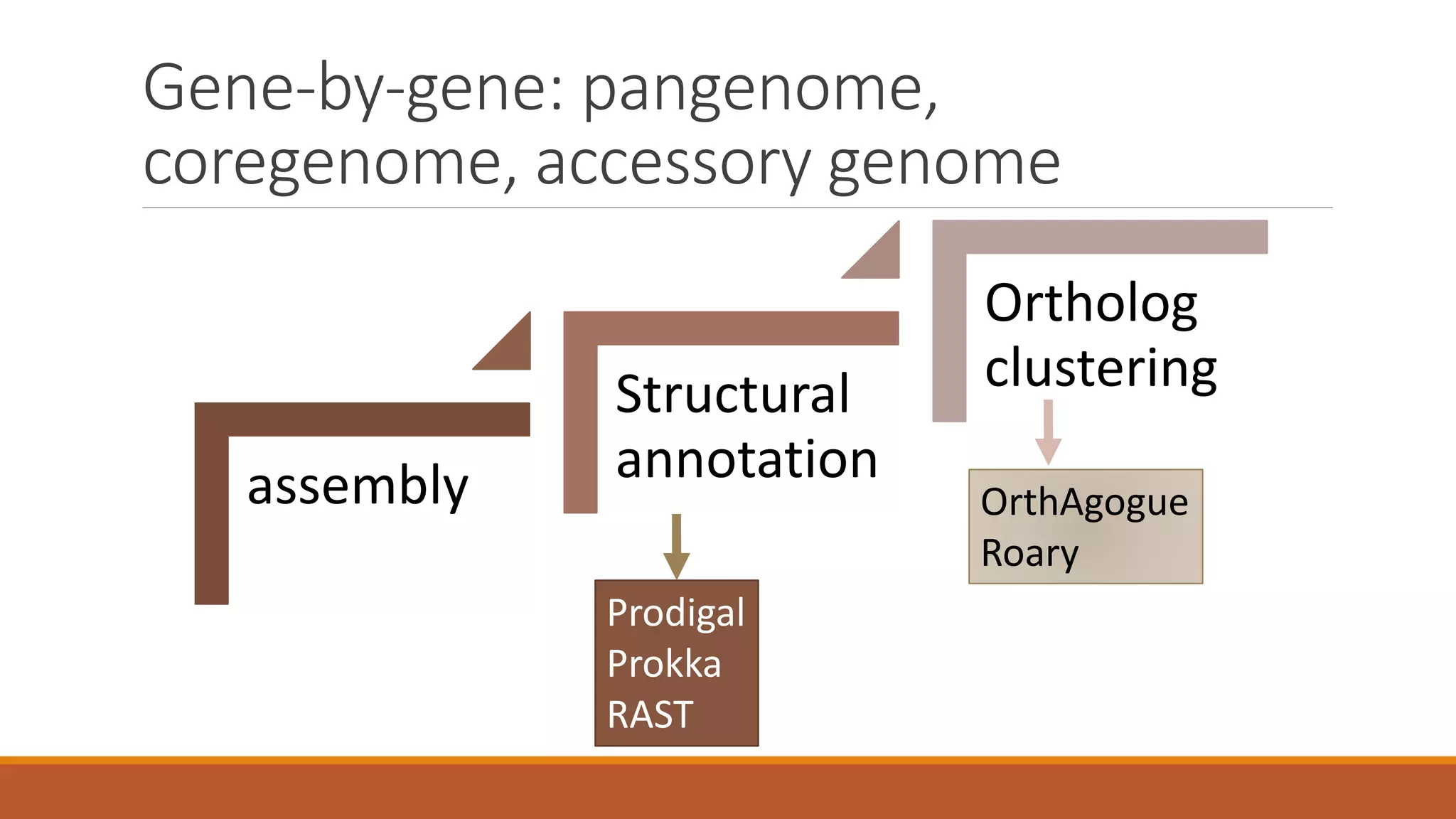 Gene-by-gene: pangenome,
coregenome, accessory genome
assembly
Structural
annotation
Ortholog
clustering
Prodigal
Prokka
RAST
OrthAgogue
Roary
 