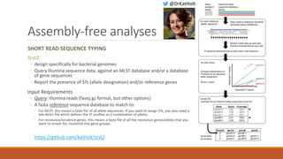 Assembly-free analyses
SHORT READ SEQUENCE TYPING
Srst2
◦ design specifically for bacterial genomes
◦ Query Illumina sequence data, against an MLST database and/or a database
of gene sequences
◦ Report the presence of STs (allele designation) and/or reference genes
Input Requirements
◦ Query: illumina reads (fastq.gz format, but other options)
◦ A fasta reference sequence database to match to:
◦ For MLST, this means a fasta file of all allele sequences. If you want to assign STs, you also need a
tab-delim file which defines the ST profiles as a combination of alleles.
◦ For resistance/virulence genes, this means a fasta file of all the resistance genes/alleles that you
want to screen for, clustered into gene groups.
https://github.com/katholt/srst2
@DrKatHolt
 