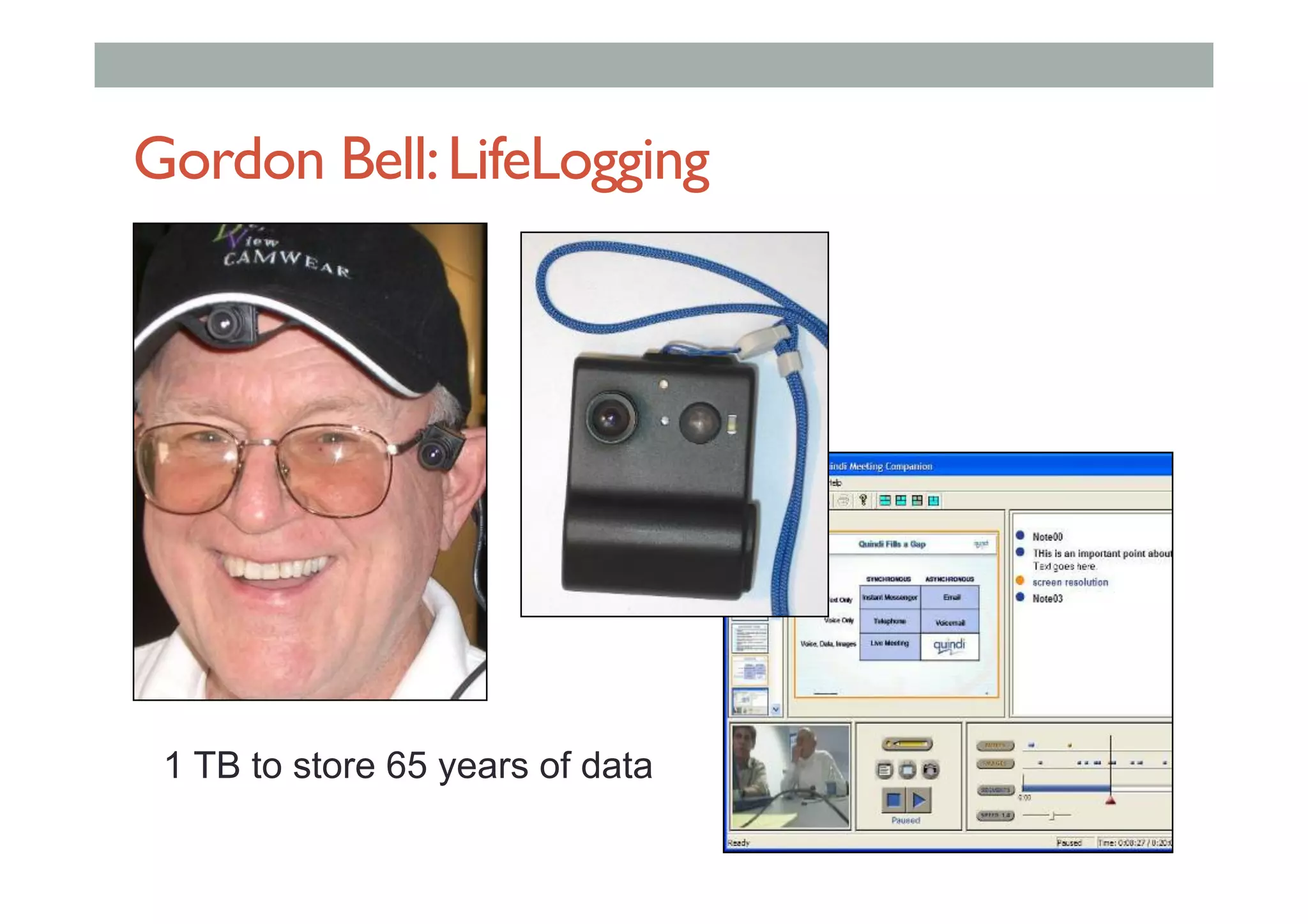 Gordon Bell:LifeLogging
1 TB to store 65 years of data
 