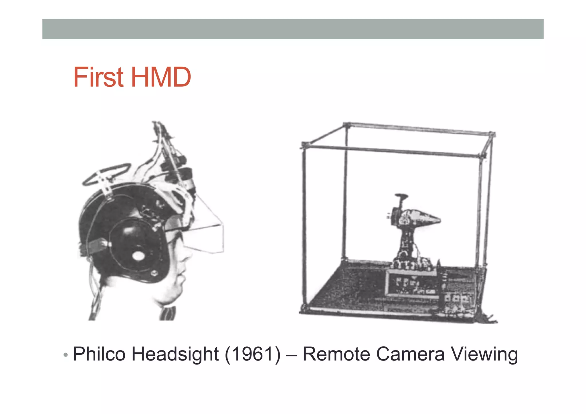 First HMD
• Philco Headsight (1961) – Remote Camera Viewing
 