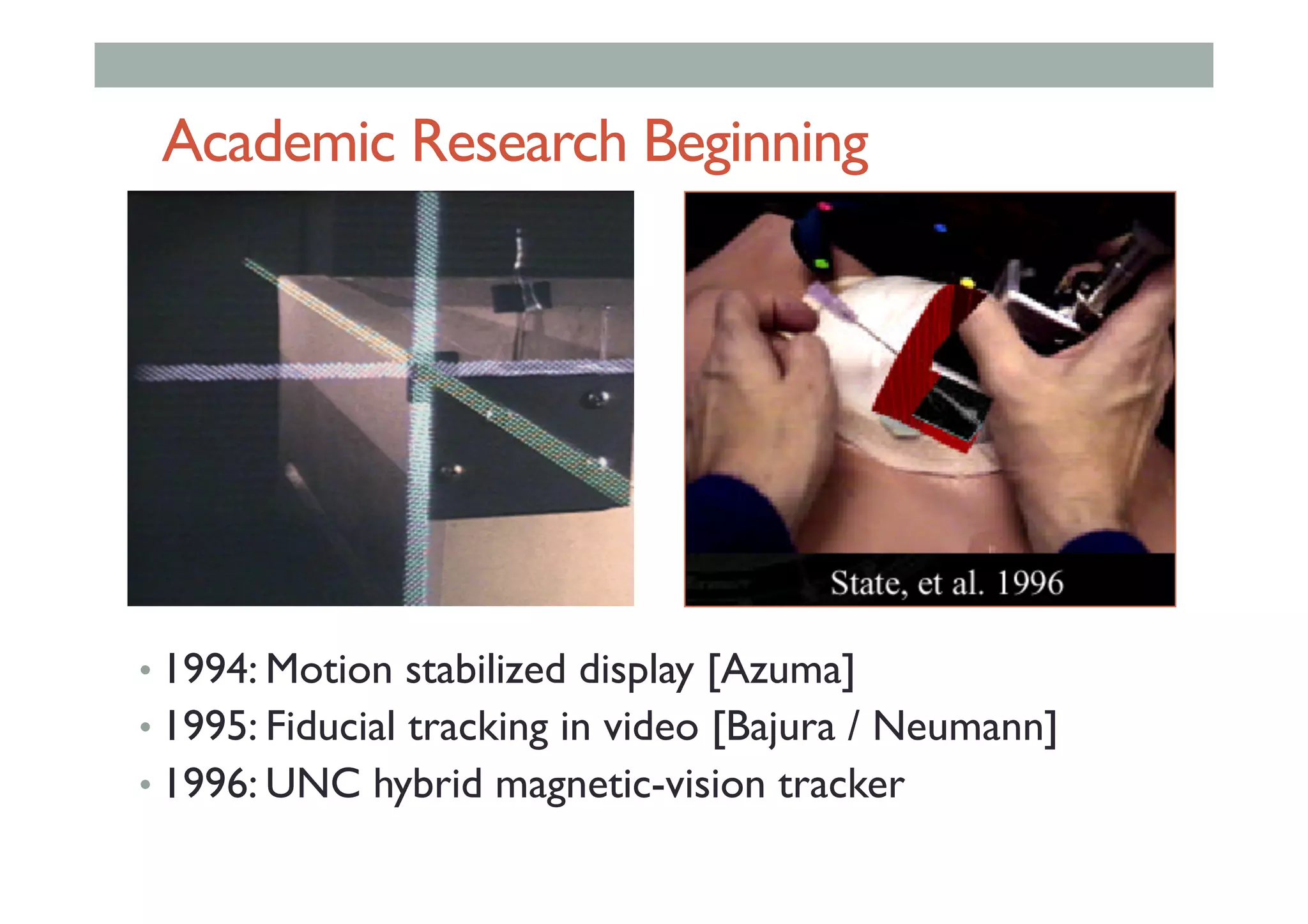 Academic Research Beginning
• 1994: Motion stabilized display [Azuma]
• 1995: Fiducial tracking in video [Bajura / Neumann]
• 1996: UNC hybrid magnetic-vision tracker
 
