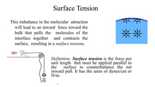 Surface Tension
This imbalance in the molecular attraction
will lead to an inward force toward the
bulk that pulls the molecules of the
interface together and contracts the
surface, resulting in a surface tension.
Definition: Surface tension is the force per
unit length that must be applied parallel to
the surface to counterbalance the net
inward pull. It has the units of dynes/cm or
N/m.
8
 