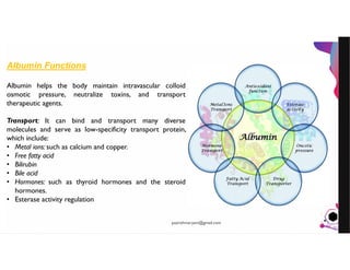 JensMartensson
Albumin Functions
Albumin helps the body maintain intravascular colloid
osmotic pressure, neutralize toxins, and transport
therapeutic agents.
Transport: It can bind and transport many diverse
molecules and serve as low-specificity transport protein,
which include:
• Metal ions: such as calcium and copper.
• Free fatty acid
• Bilirubin
• Bile acid
• Hormones: such as thyroid hormones and the steroid
hormones.
• Esterase activity regulation
pazirehmaryam@gmail.com
 