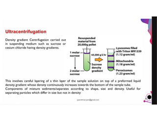 JensMartensson
Ultracentrifugation
Density gradient Centrifugation carried out
in suspending medium such as sucrose or
cesium chloride having density gradients.
This involves careful layering of a thin layer of the sample solution on top of a preformed liquid
density gradient whose density continuously increases towards the bottom of the sample tube.
Components of mixture sediments/separates according to shape, size and density. Useful for
separating particles which differ in size but not in density
pazirehmaryam@gmail.com
 