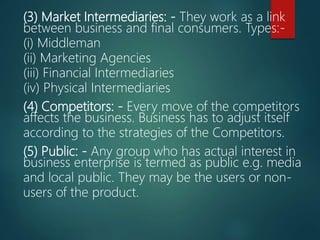 (3) Market Intermediaries: - They work as a link
between business and final consumers. Types:-
(i) Middleman
(ii) Marketing Agencies
(iii) Financial Intermediaries
(iv) Physical Intermediaries
(4) Competitors: - Every move of the competitors
affects the business. Business has to adjust itself
according to the strategies of the Competitors.
(5) Public: - Any group who has actual interest in
business enterprise is termed as public e.g. media
and local public. They may be the users or non-
users of the product.
 