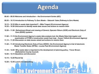 09.45 – 09.55 Welcome and introduction – the Environment Centre (tEC)
09.55 – 10.15 Introduction to Pathway To Zero Waste – Deborah Yates (Pathway to Zero Waste)
10.15 – 10.35 Why is waste data important? – Mike Tregent (Environment Agency)
10.35 – 10.50 Discussion to identify waste data issues and actions to resolve them
10.50 – 11.00 Refreshment Break and viewing of Generic Operator Return (GOR) and Electronic Duty of
Care (EDOC) systems
11.00 – 11.15 the Environment Agency’s waste data analysis tool, the Waste Data Interrogator and
examination of PTZW’s construction waste heat map – Susan Telford (Environment Agency)
11.15 – 11.20 Discussion on data issues raised and actions to resolve them
11.20 – 11.35 Introducing Electronic Duty of Care (EDOC): the Environment Agency’s trial of electronic
Waste Transfer Notes (WTNs) - Louise Peel (Environment Agency)
11.35 – 12.05 Why waste data is important to the development of planning policy - Trevor Brown
(Oxfordshire County Council)
12.05 – 12.15 Questions and discussion
12.15 – 12.20 Round Up
12.20 – 12.45 Lunch and networking
 
