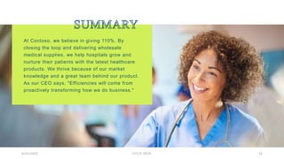 At Contoso, we believe in giving 110%. By
closing the loop and delivering wholesale
medical supplies, we help hospitals grow and
nurture their patients with the latest healthcare
products. We thrive because of our market
knowledge and a great team behind our product.
As our CEO says, "Efficiencies will come from
proactively transforming how we do business."​
8/03/20XX PITCH DECK 18
 