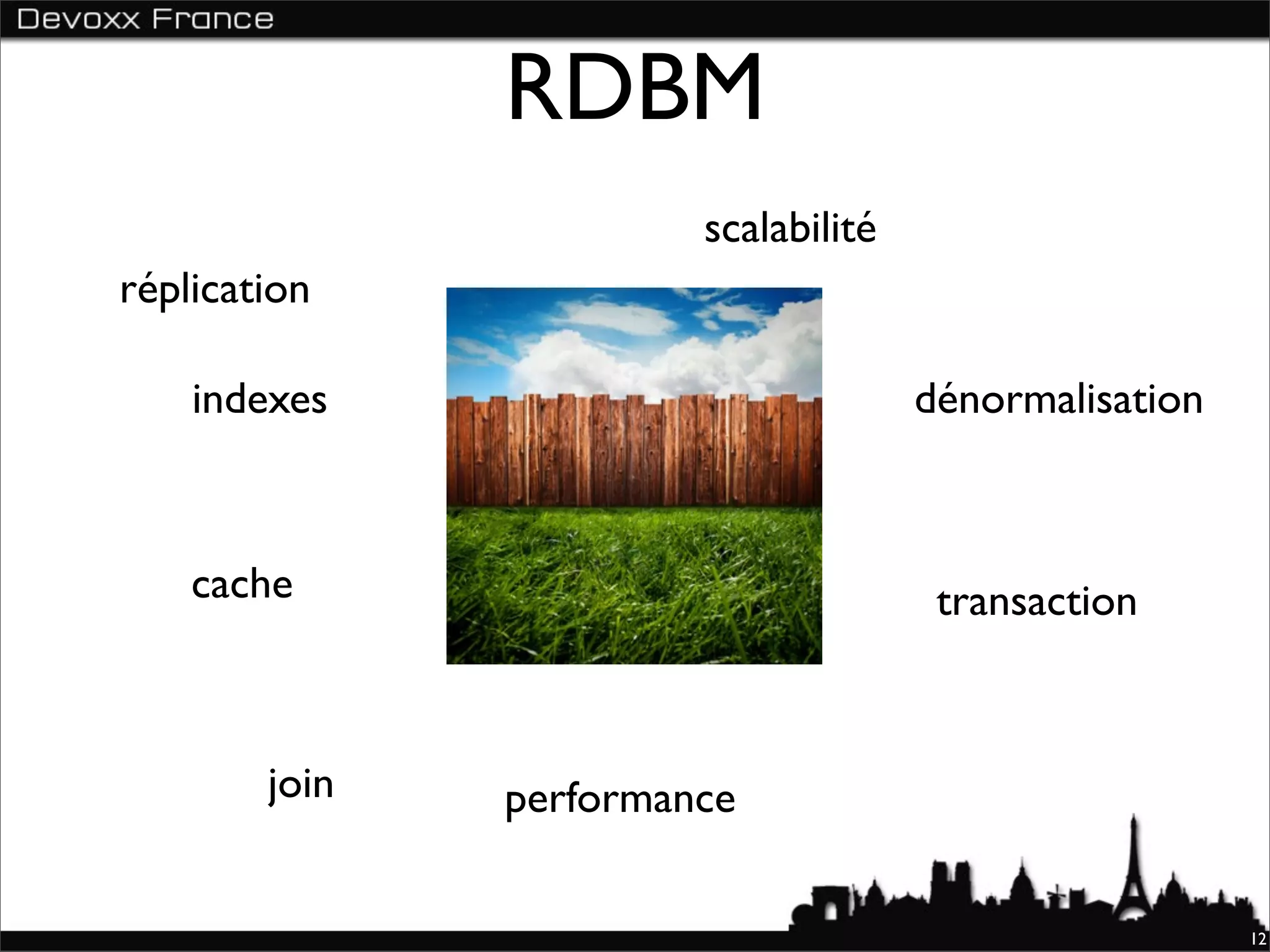 RDBM
                        scalabilité
réplication

    indexes                           dénormalisation



    cache                              transaction



        join   performance

                                                        12
 