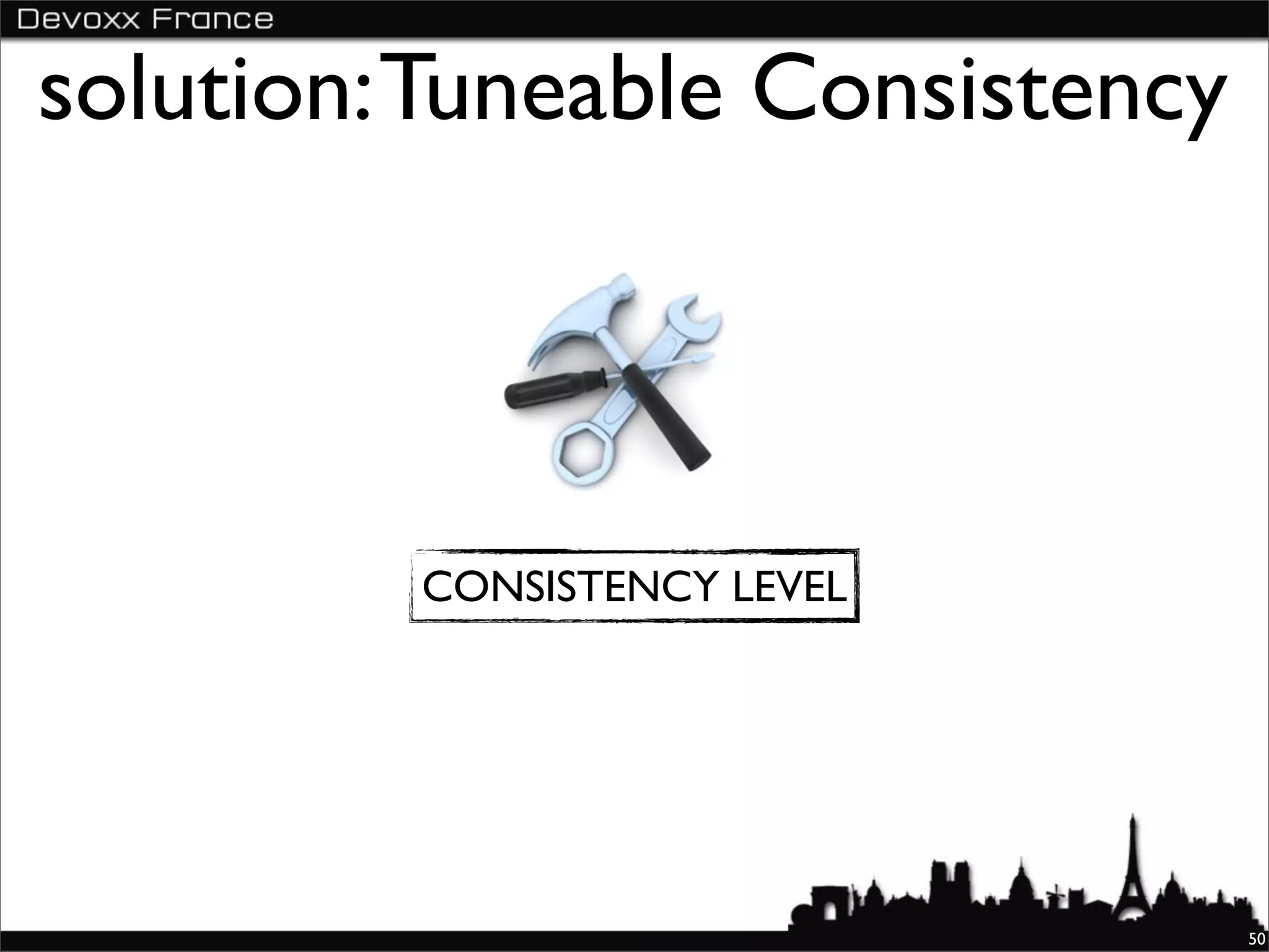 solution: Tuneable Consistency



         CONSISTENCY LEVEL




                                 50
 