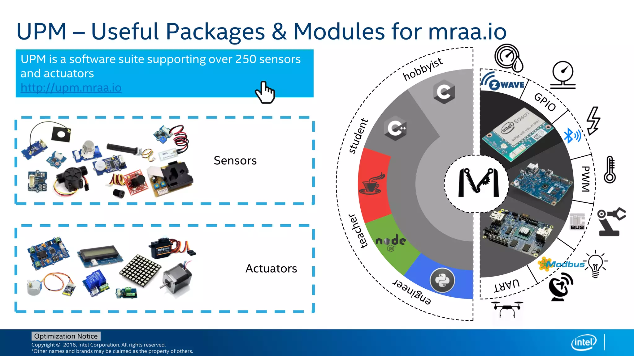 Copyright © 2016, Intel Corporation. All rights reserved.
*Other names and brands may be claimed as the property of others.
Optimization Notice
UPM – Useful Packages & Modules for mraa.io
UPM is a software suite supporting over 250 sensors
and actuators
http://upm.mraa.io
25 25
Sensors
Actuators
 