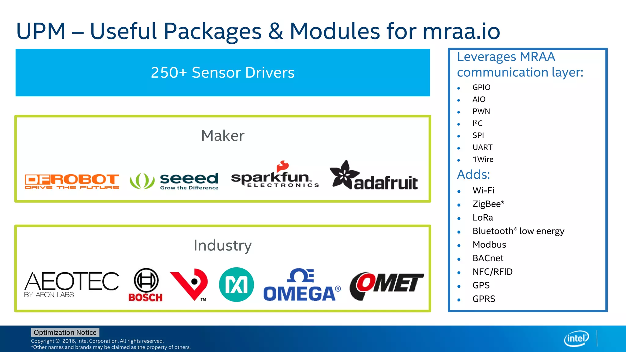 Copyright © 2016, Intel Corporation. All rights reserved.
*Other names and brands may be claimed as the property of others.
Optimization Notice
UPM – Useful Packages & Modules for mraa.io
250+ Sensor Drivers
Maker
Industry
Leverages MRAA
communication layer:
● GPIO
● AIO
● PWN
● I2C
● SPI
● UART
● 1Wire
Adds:
● Wi-Fi
● ZigBee*
● LoRa
● Bluetooth® low energy
● Modbus
● BACnet
● NFC/RFID
● GPS
● GPRS
 