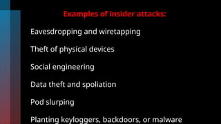 Examples of insider attacks:
Eavesdropping and wiretapping
Theft of physical devices
Social engineering
Data theft and spoliation
Pod slurping
Planting keyloggers, backdoors, or malware
 