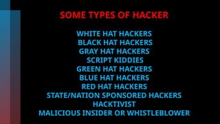 SOME TYPES OF HACKER
WHITE HAT HACKERS
BLACK HAT HACKERS
GRAY HAT HACKERS
SCRIPT KIDDIES
GREEN HAT HACKERS
BLUE HAT HACKERS
RED HAT HACKERS
STATE/NATION SPONSORED HACKERS
HACKTIVIST
MALICIOUS INSIDER OR WHISTLEBLOWER
 