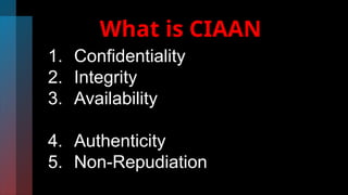 What is CIAAN
1. Confidentiality
2. Integrity
3. Availability
4. Authenticity
5. Non-Repudiation
 