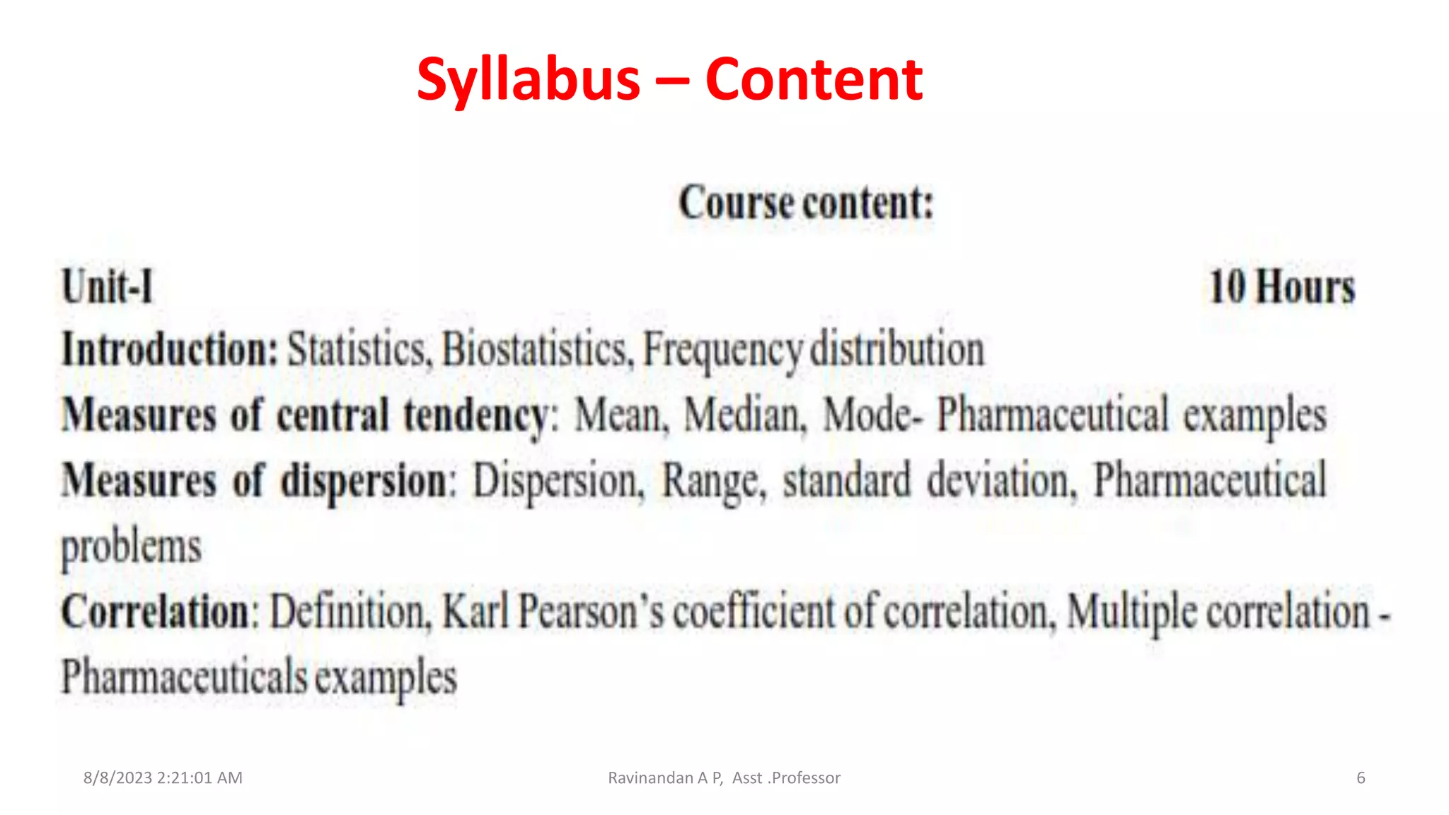 Syllabus – Content
8/8/2023 2:21:01 AM Ravinandan A P, Asst .Professor 6
 