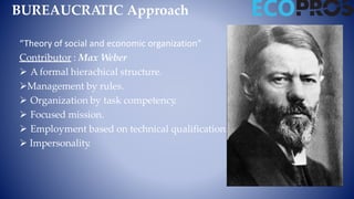 BUREAUCRATIC Approach
“Theory of social and economic organization”
Contributor : Max Weber
 A formal hierachical structure.
Management by rules.
 Organization by task competency
.
 Focused mission.
 Employment based on technical qualification.
 Impersonality
.
 