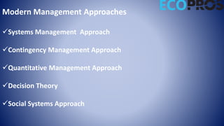 Modern Management Approaches
Systems Management Approach
Contingency Management Approach
Quantitative Management Approach
Decision Theory
Social Systems Approach
 