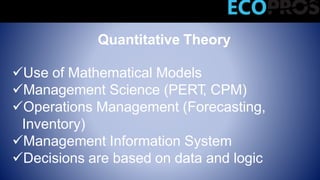 Quantitative Theory
Use of Mathematical Models
Management Science (PERT
, CPM)
Operations Management (Forecasting,
Inventory)
Management Information System
Decisions are based on data and logic
Modern Management Theories
 