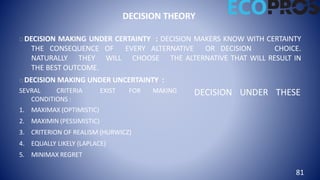 81
DECISION THEORY
DECISION MAKING UNDER CERTAINTY : DECISION MAKERS KNOW WITH CERTAINTY
THE CONSEQUENCE OF EVERY ALTERNATIVE OR DECISION CHOICE.
NATURALLY THEY WILL CHOOSE THE ALTERNATIVE THAT WILL RESULT IN
THE BEST OUTCOME.
DECISION MAKING UNDER UNCERTAINTY :
SEVRAL CRITERIA EXIST FOR MAKING
CONDITIONS :
1. MAXIMAX (OPTIMISTIC)
2. MAXIMIN (PESSIMISTIC)
3. CRITERION OF REALISM (HURWICZ)
4. EQUALLY LIKELY (LAPLACE)
5. MINIMAX REGRET
DECISION UNDER THESE
 