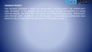 MINIMAX REGRET
THIS DECISION CRITERION IS BASED ON OPPORTUNITY LOSS OR REGRET. THE OPPORTUNITY
LOSS OR REGRET IS THE AMOUNT LOST BY NOT PICKING THE BEST ALTERNATIVE IN A GIVEN
STATE OF NATURE. THE FIRST STEP IS TO CREATE THE OPPORTUNITY LOSS TABLE. OPPORTUNITY
LOSS FOR ANY STATE OF NATURE , OR ANY COLUMN, IS CALCULATED BY SUBTRACTING EACH
PAYOFF IN THE COLUMN FROM THE BEST PAYOFF IN THE SAME COLUMN.
 