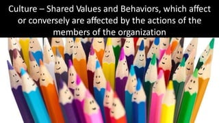 Culture – Shared Values and Behaviors, which affect
or conversely are affected by the actions of the
members of the organization
 