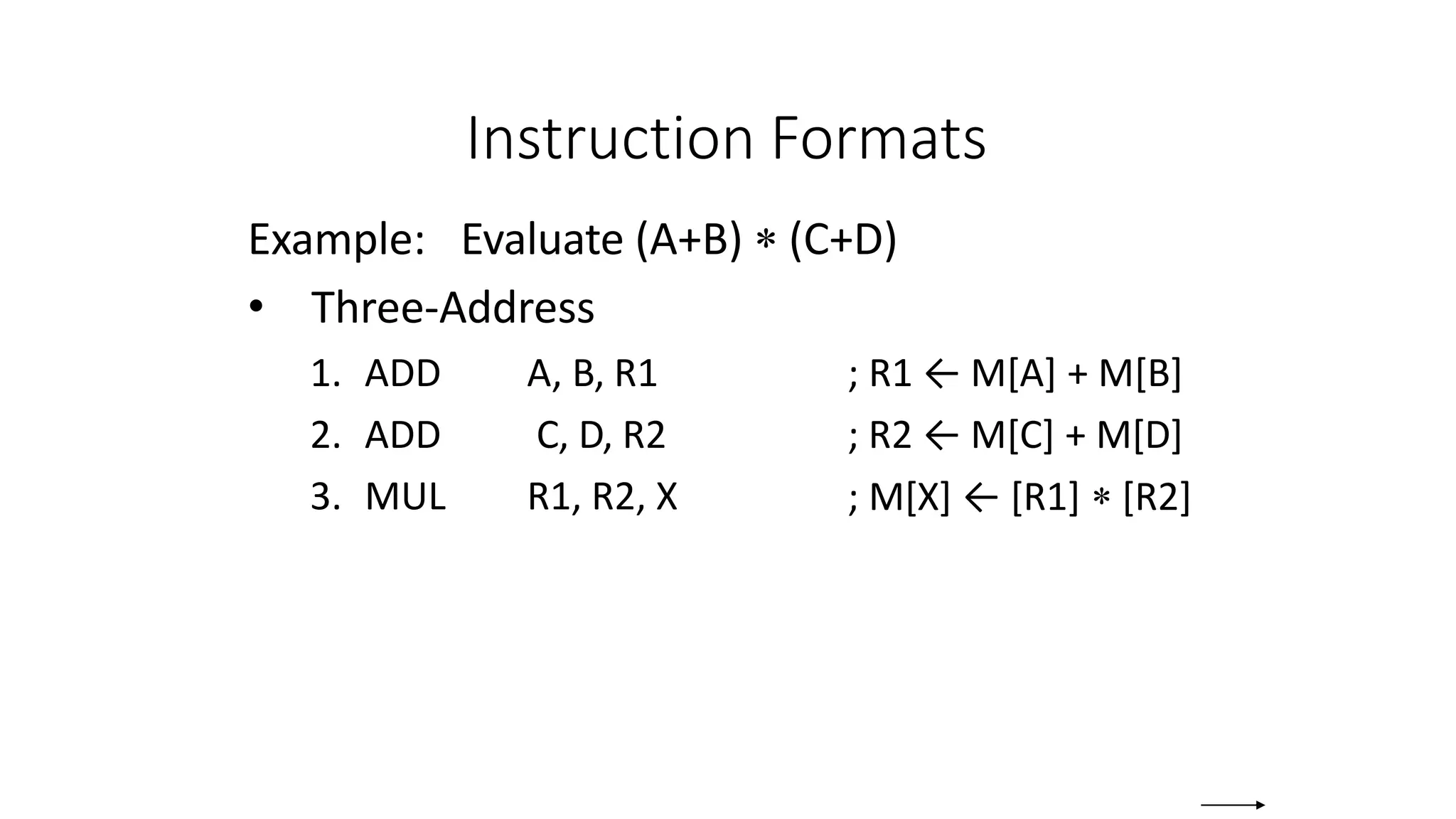 Instruction Formats
Example: Evaluate (A+B)  (C+D)
• Three-Address
1. ADD A, B, R1
2. ADD C, D, R2
3. MUL R1, R2, X
; R1 ← M[A] + M[B]
; R2 ← M[C] + M[D]
; M[X] ← [R1]  [R2]
 