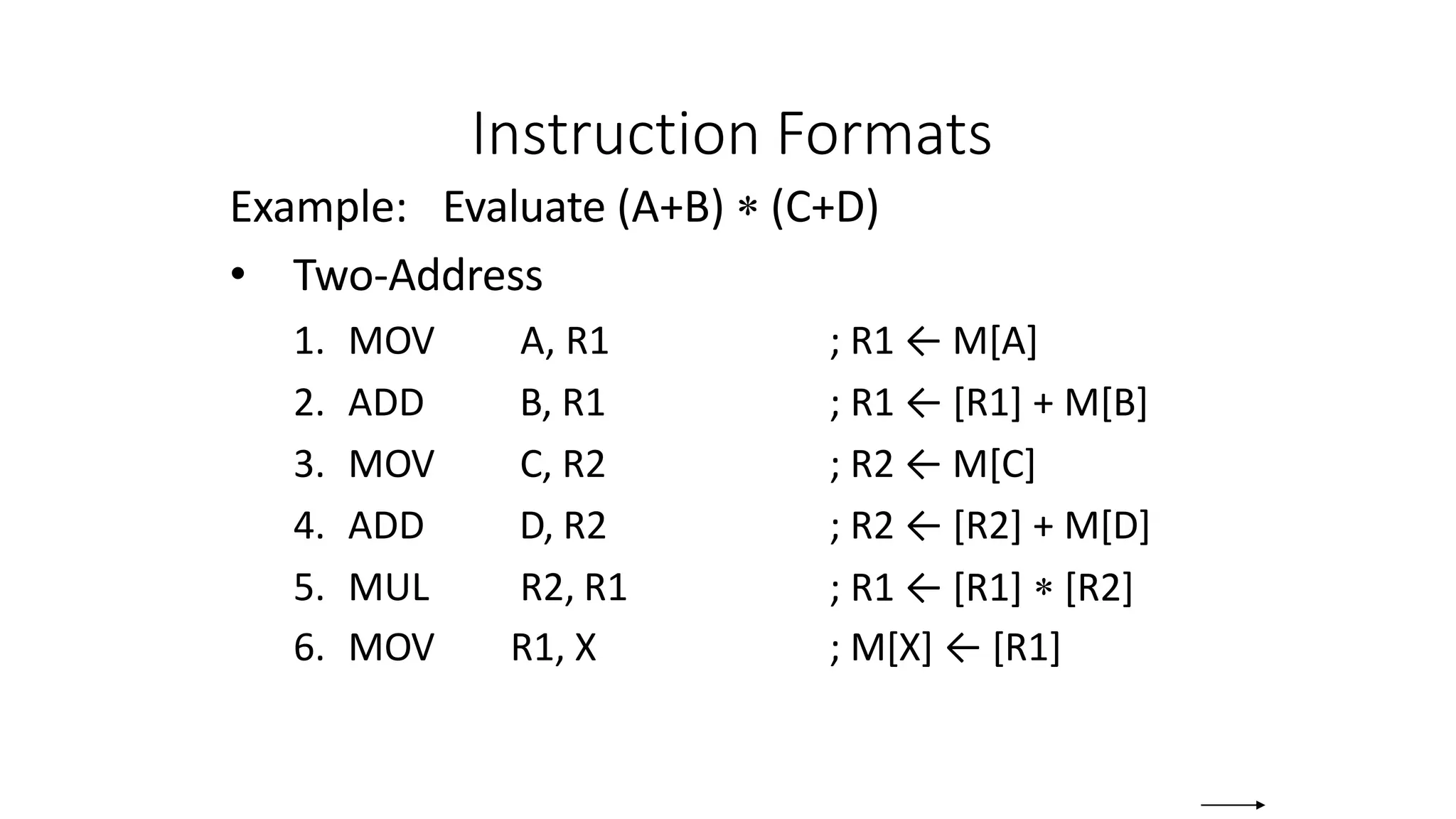 Instruction Formats
Example: Evaluate (A+B)  (C+D)
• Two-Address
1. MOV A, R1
2. ADD B, R1
3. MOV C, R2
4. ADD D, R2
5. MUL R2, R1
6. MOV R1, X
; R1 ← M[A]
; R1 ← [R1] + M[B]
; R2 ← M[C]
; R2 ← [R2] + M[D]
; R1 ← [R1]  [R2]
; M[X] ← [R1]
 
