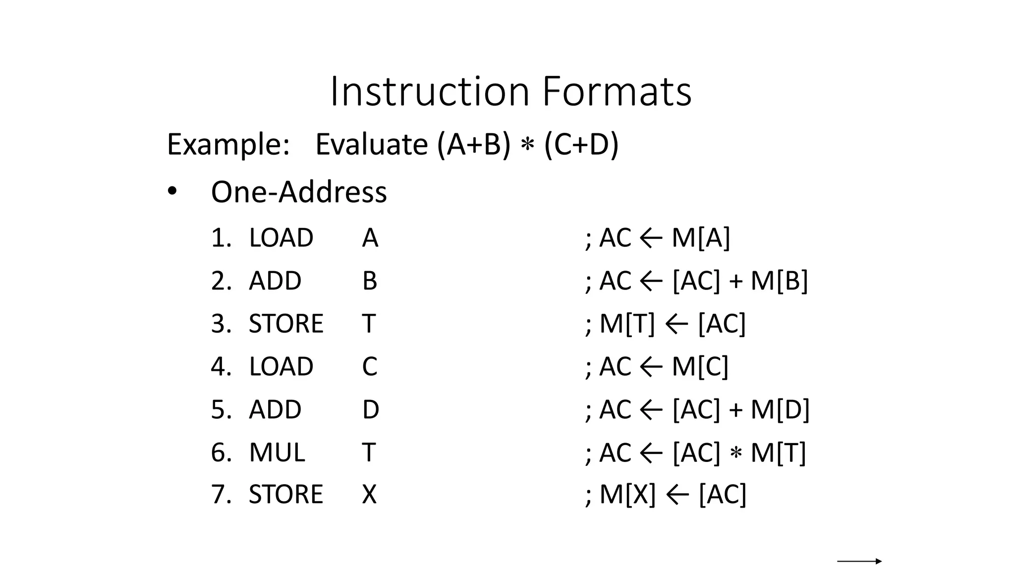 Instruction Formats
Example: Evaluate (A+B)  (C+D)
• One-Address
1. LOAD A
2. ADD B
3. STORE T
4. LOAD C
5. ADD D
6. MUL T
7. STORE X
; AC ← M[A]
; AC ← [AC] + M[B]
; M[T] ← [AC]
; AC ← M[C]
; AC ← [AC] + M[D]
; AC ← [AC]  M[T]
; M[X] ← [AC]
 