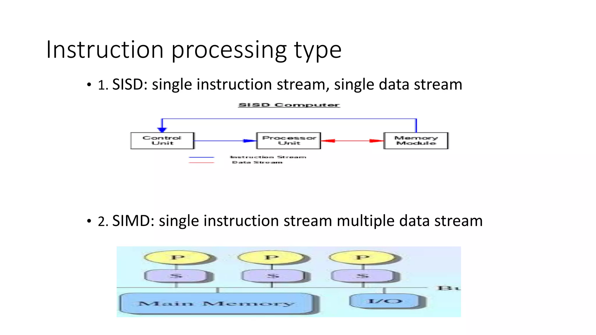 Instruction processing type
• 1. SISD: single instruction stream, single data stream
• 2. SIMD: single instruction stream multiple data stream
 