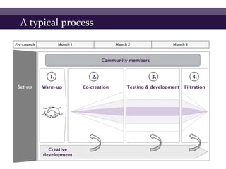A typical process

Pre-Launch          Month 1                 Month 2                Month 3



                                      Community members


               1.                2.                       3.                 4.
 Set-up      Warm-up          Co-creation        Testing & development   Filtration




               Creative
             development
 