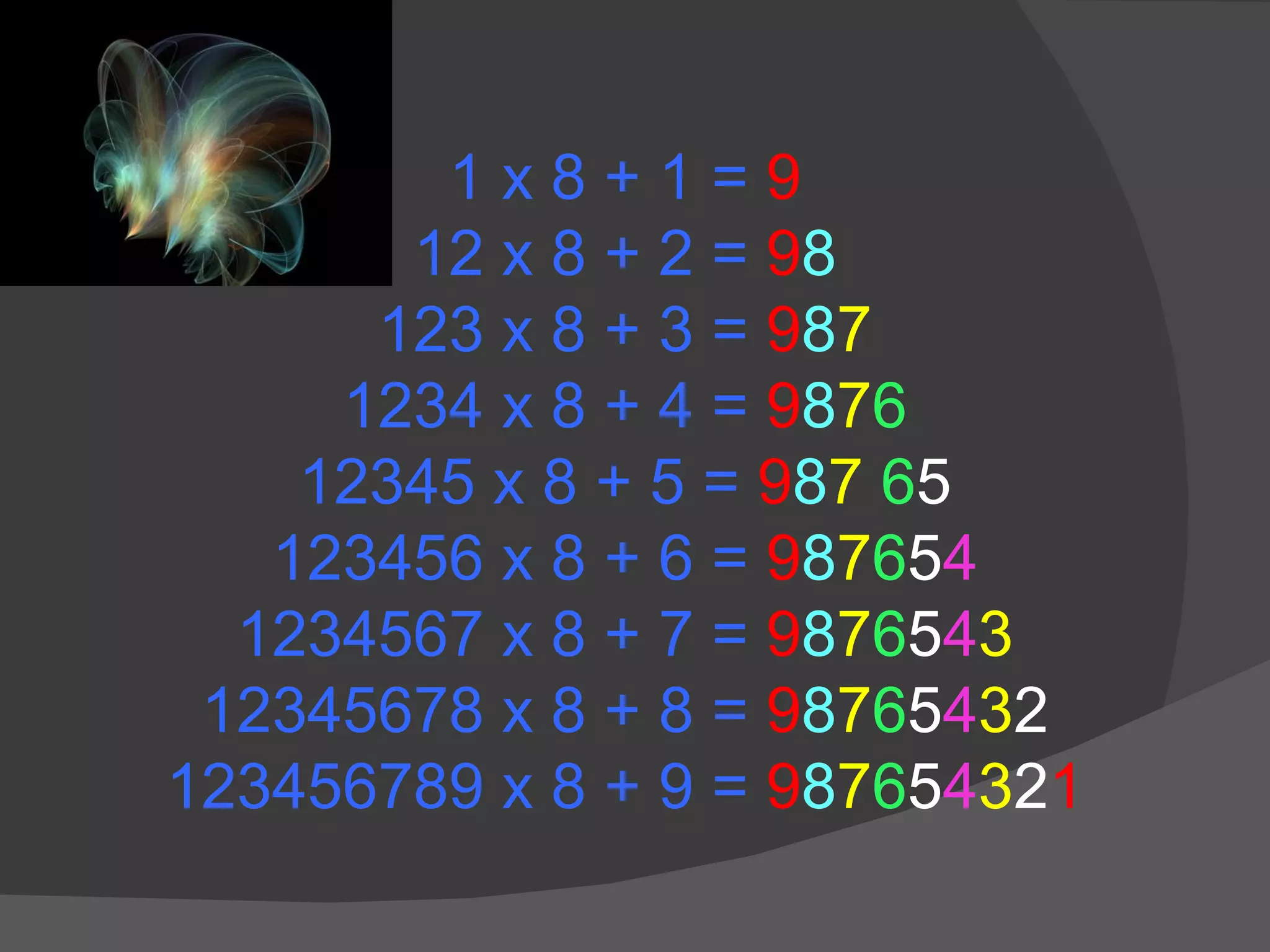 1 x 8 + 1 =  9 12 x 8 + 2 =  9 8 123 x 8 + 3 =  9 8 7 1234 x 8 + 4 =  9 8 7 6 12345 x 8 + 5 =  9 8 7   6 5 123456 x 8 + 6 =  9 8 7 6 5 4 1234567 x 8 + 7 =  9 8 7 6 5 4 3 12345678 x 8 + 8 =  9 8 7 6 5 4 3 2 123456789 x 8 + 9 =  9 8 7 6 5 4 3 2 1 