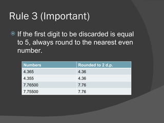 Rule 3 (Important) If the first digit to be discarded is equal to 5, always round to the nearest even number.  Numbers Rounded to 2 d.p. 4.365 4.36 4.355 4.36 7.76500 7.76 7.75500 7.76 