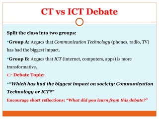 CT vs ICT Debate
Split the class into two groups:
Group A: Argues that Communication Technology (phones, radio, TV)
has had the biggest impact.
Group B: Argues that ICT (internet, computers, apps) is more
transformative.
👉 Debate Topic:
“Which has had the biggest impact on society: Communication
Technology or ICT?”
Encourage short reflections: “What did you learn from this debate?”
 