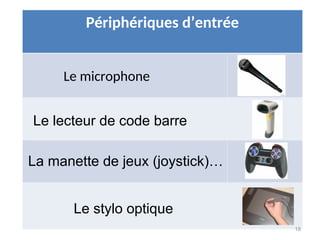Périphériques d’entrée
18
Le microphone
Le lecteur de code barre
La manette de jeux (joystick)…
Le stylo optique
 