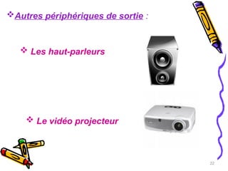 Les haut-parleurs
22
Autres périphériques de sortie :
 Le vidéo projecteur
 