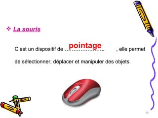 La souris C’est un dispositif de …………………..  , elle permet de sélectionner, déplacer et manipuler des objets. pointage 