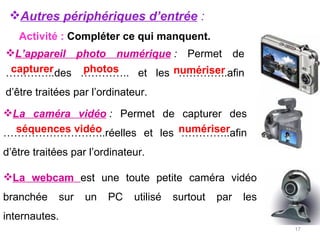 La caméra vidéo  :  Permet de capturer des ………………………..réelles et les …………..afin d’être traitées par l’ordinateur. La webcam  est une toute petite caméra vidéo branchée sur un PC utilisé surtout par les internautes. L’appareil photo numérique  :  Permet de …………..des ………….. et les …………..afin d’être traitées par l’ordinateur. capturer   photos   numériser   Autres périphériques d’entrée  : séquences vidéo  numériser   Activité :  Compléter ce qui manquent. 