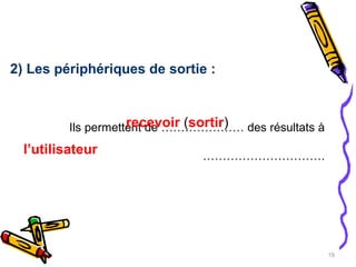 Ils permettent de ………………… des résultats à …………………………. recevoir  ( sortir )  l’utilisateur 2) Les périphériques de sortie : 